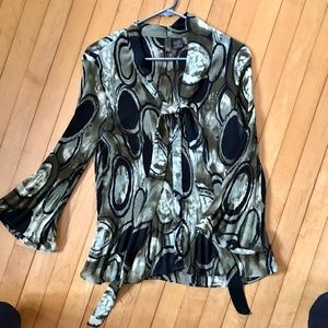 Black /Green Print Tie Blouse